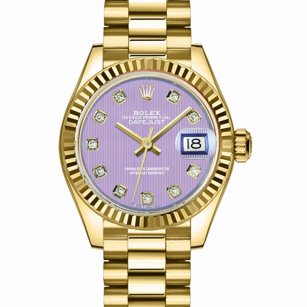 Rolex Lady Datejust 28mm - Ref: 279178-0018 - Purple Dial, 18K Yellow Gold President Bracelet Women's Watch