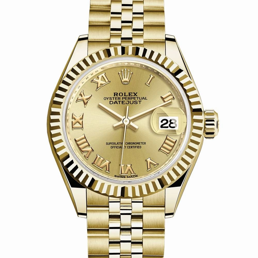 Rolex Lady-Datejust 28mm - Ref: 279178-0023 - Champagne Roman Dial, 18K Yellow Gold Jubilee Bracelet Women's Watch