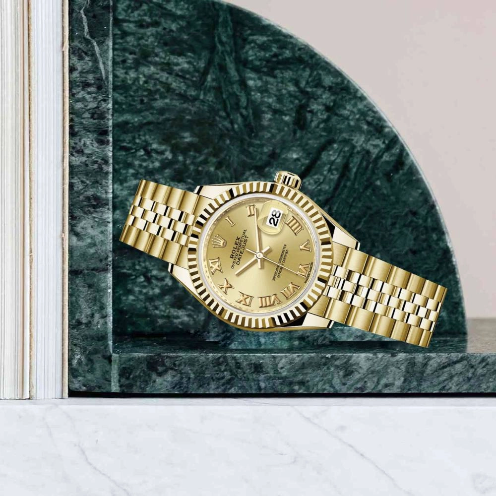 Rolex Lady-Datejust 28mm - Ref: 279178-0023 - Champagne Roman Dial, 18K Yellow Gold Jubilee Bracelet Women's Watch