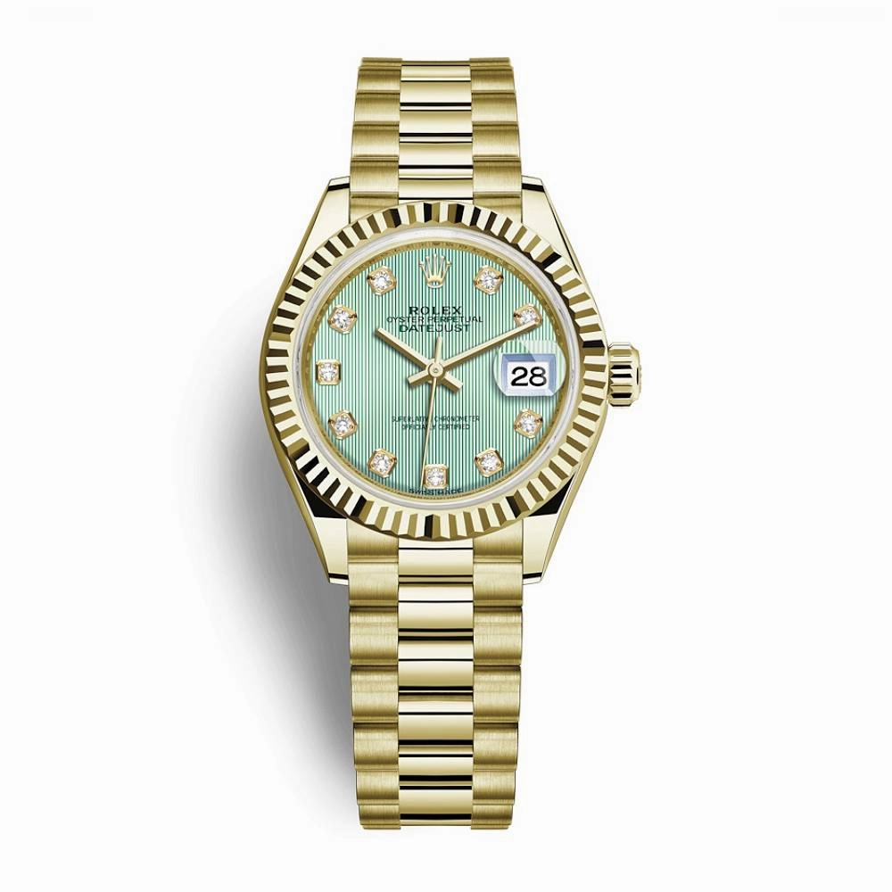 Rolex Lady Datejust 28mm - Ref: 279178-0027 - Green Dial, 18K Yellow Gold President Bracelet Women's Watch