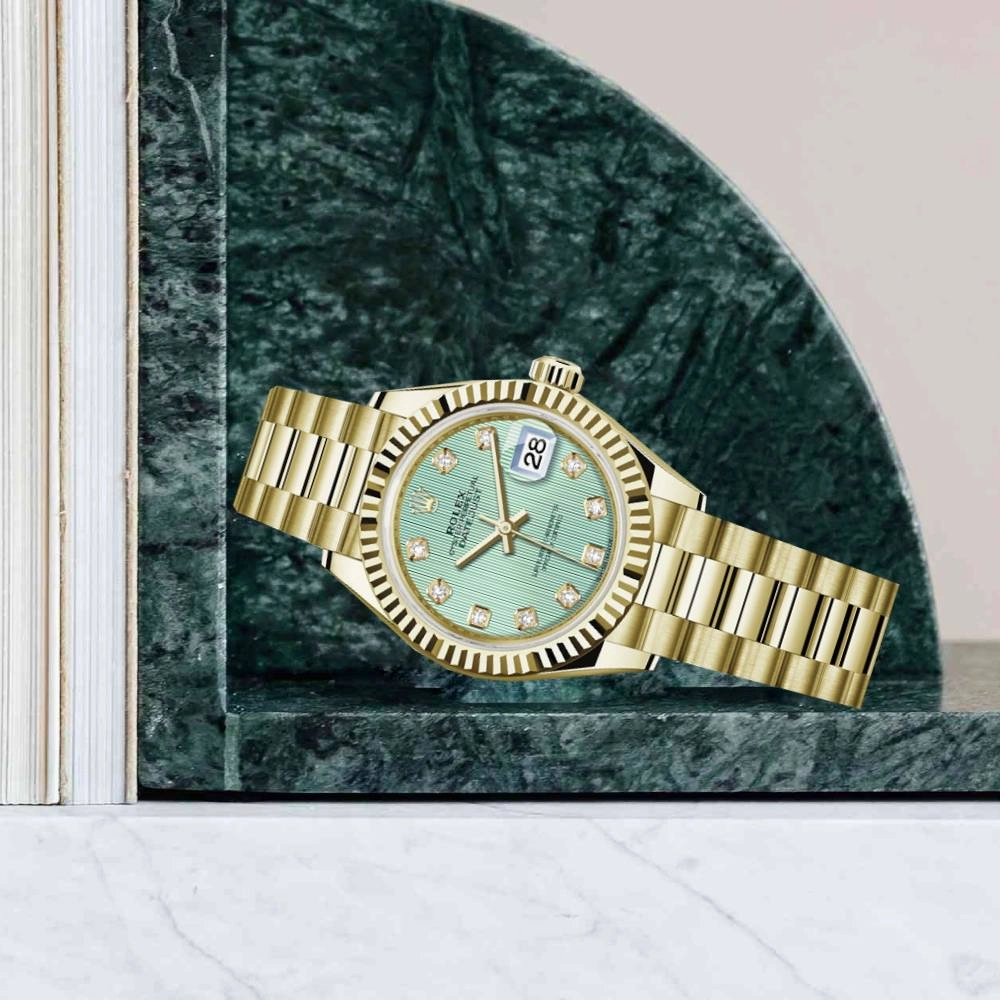 Rolex Lady Datejust 28mm - Ref: 279178-0027 - Green Dial, 18K Yellow Gold President Bracelet Women's Watch