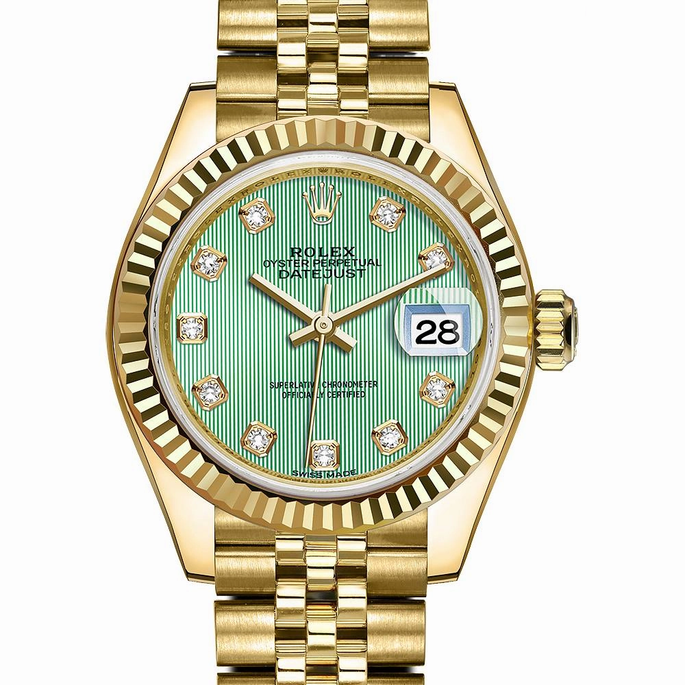 Rolex Lady Datejust 28mm - Ref: 279178-0027 - Green Dial, 18K Yellow Gold President Bracelet Women's Watch