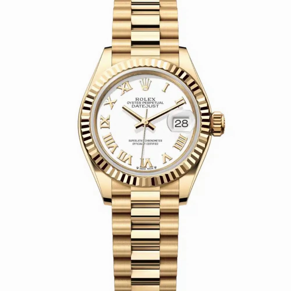 Rolex Lady-Datejust 28mm - Ref: 279178-0029 - White Roman Dial, 18K Yellow Gold President Bracelet Women's Watch