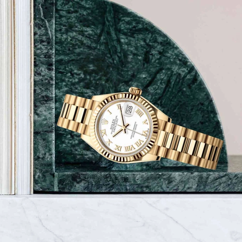Rolex Lady-Datejust 28mm - Ref: 279178-0029 - White Roman Dial, 18K Yellow Gold President Bracelet Women's Watch