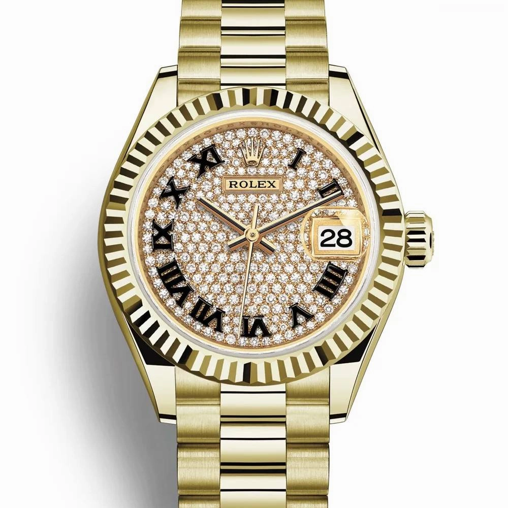 Rolex Lady Datejust 28mm - Ref: 279178-0031 - Diamond Pave Dial, 18K Yellow Gold President Bracelet Women's Watch