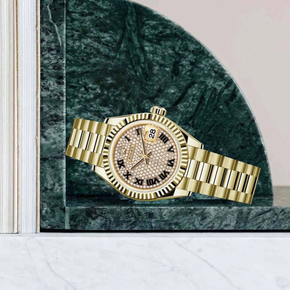Rolex Lady Datejust 28mm - Ref: 279178-0031 - Diamond Pave Dial, 18K Yellow Gold President Bracelet Women's Watch