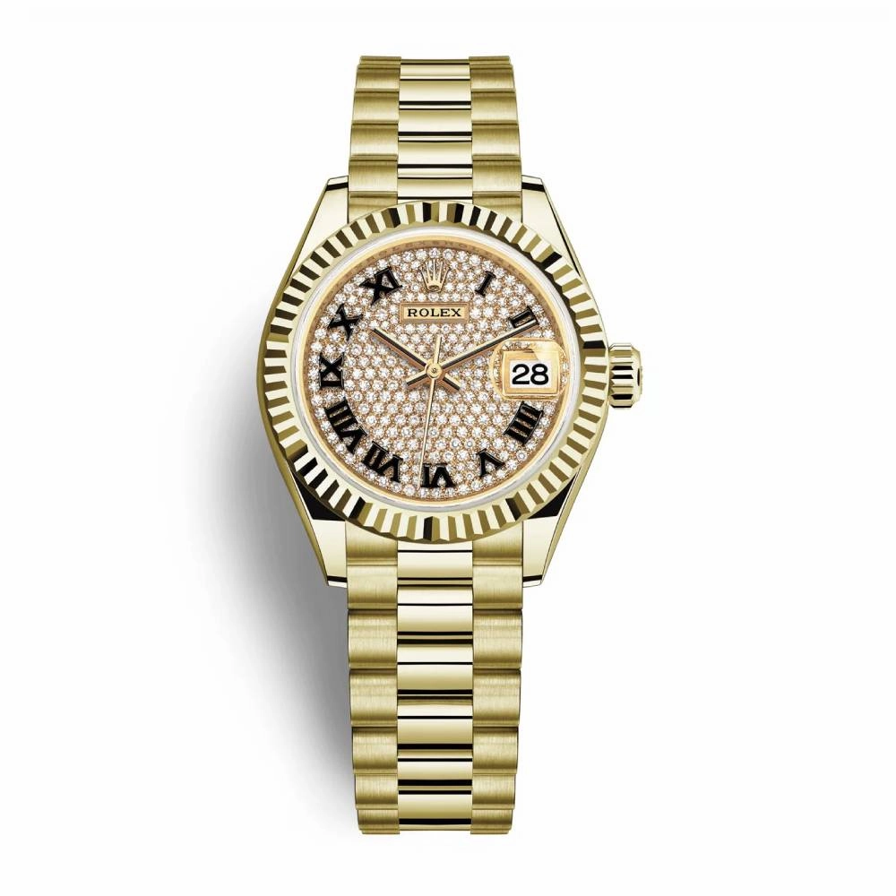 Rolex Lady Datejust 28mm - Ref: 279178-0031 - Diamond Pave Dial, 18K Yellow Gold President Bracelet Women's Watch