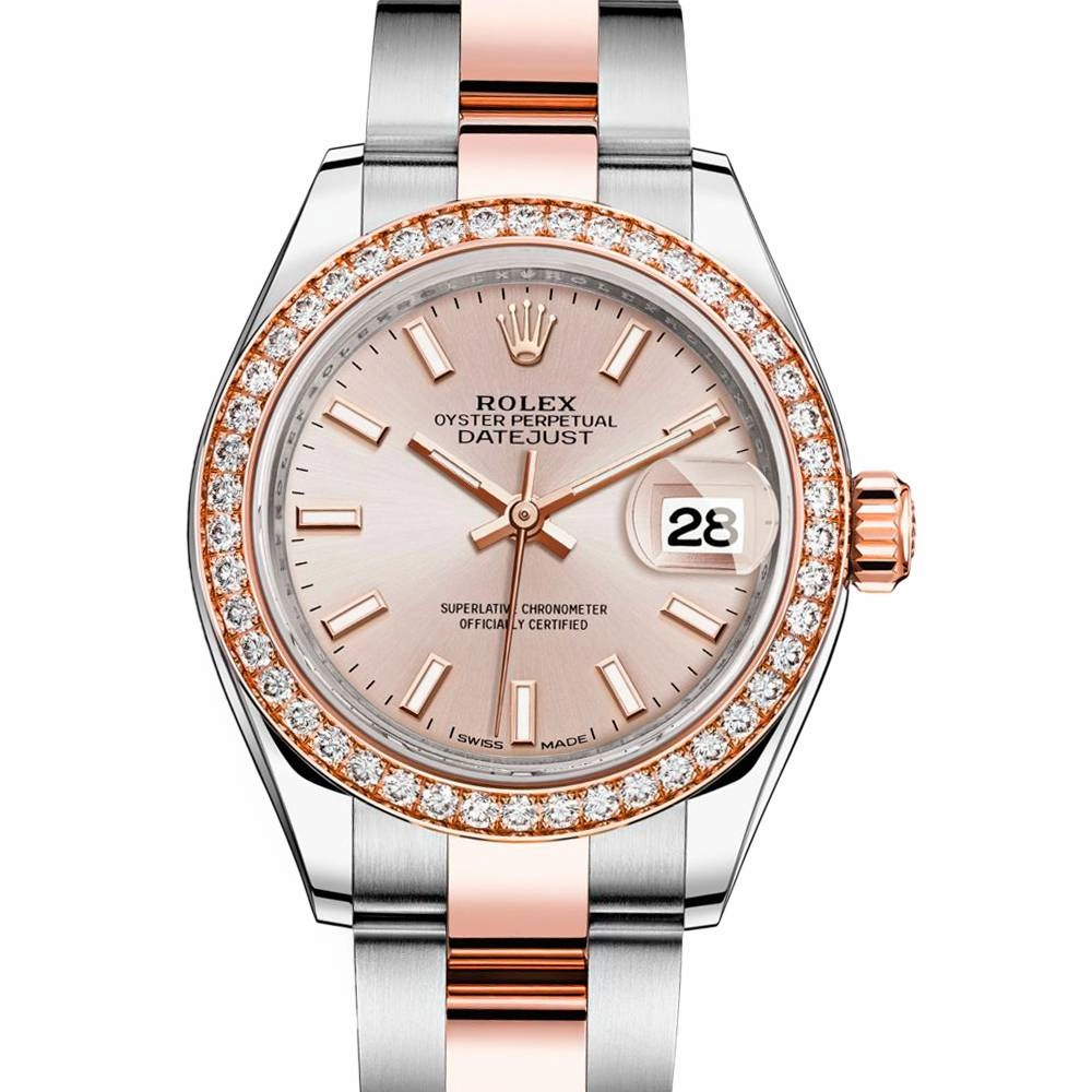 Rolex Lady-Datejust 28mm - Ref: 279381rbr-0002 - Sundust Stick Dial & Diamond Bezel, Two Tone Stainless Steel & 18K Rose Gold Oyster Bracelet Women's Watch