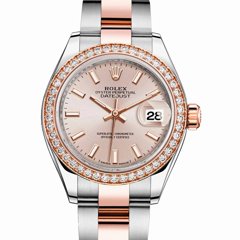 Rolex Lady-Datejust 28mm - Ref: 279381rbr-0002 - Sundust Stick Dial & Diamond Bezel, Two Tone Stainless Steel & 18K Rose Gold Oyster Bracelet Women's Watch