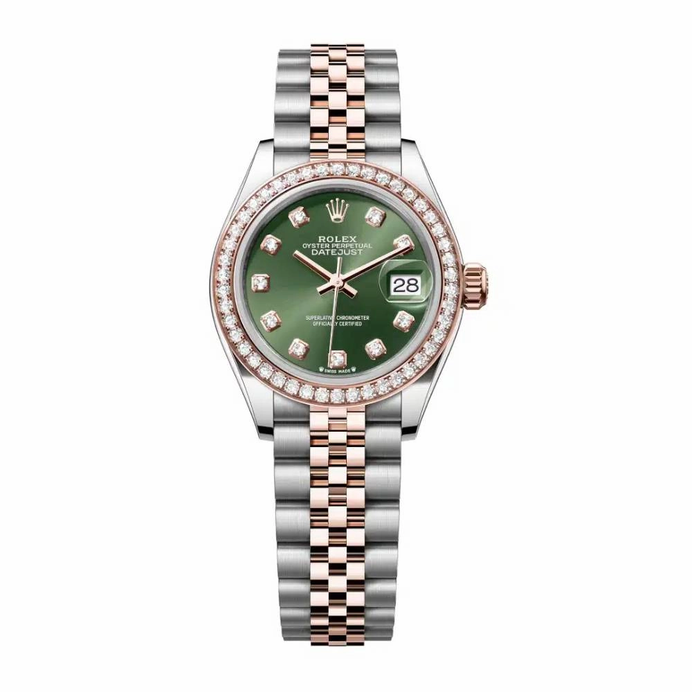 Rolex Lady-Datejust 28mm - Ref: 279381rbr-0007 - Olive Green Diamond Dial & Diamond Bezel, Two Tone Stainless Steel & 18K Rose Gold Jubilee Bracelet Women's Watch