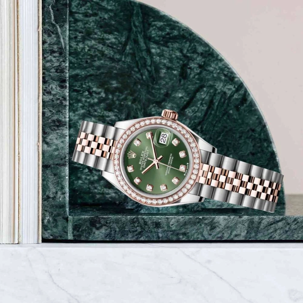 Rolex Lady-Datejust 28mm - Ref: 279381rbr-0007 - Olive Green Diamond Dial & Diamond Bezel, Two Tone Stainless Steel & 18K Rose Gold Jubilee Bracelet Women's Watch