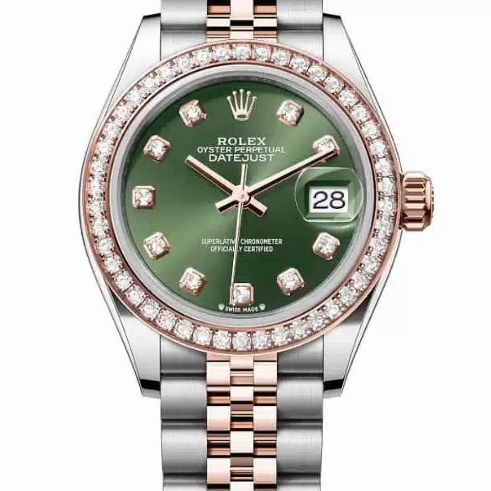 Rolex Lady-Datejust 28mm - Ref: 279381rbr-0007 - Olive Green Diamond Dial & Diamond Bezel, Two Tone Stainless Steel & 18K Rose Gold Jubilee Bracelet Women's Watch