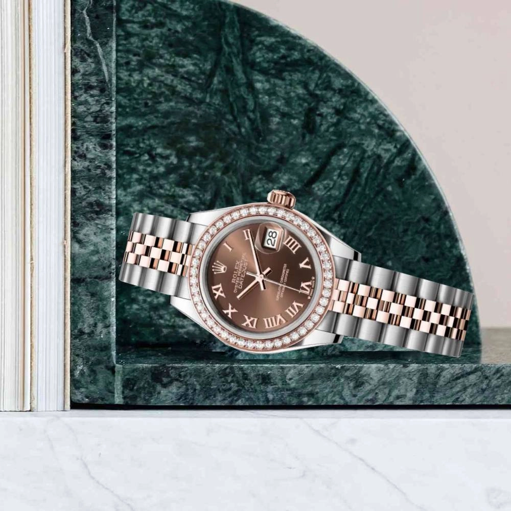 Rolex Lady-Datejust 28mm - Ref: 279381rbr-0009 - Chocolate Roman Dial & Diamond Bezel, Two Tone Stainless Steel & 18K Rose Gold Jubilee Bracelet Women's Watch