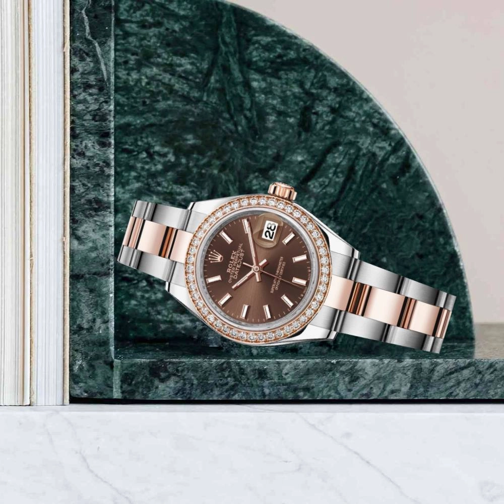 Rolex Lady-Datejust 28mm - Ref: 279381rbr-0018 - Chocolate Stick Dial & Diamond Bezel, Two Tone Stainless Steel & 18K Rose Gold Oyster Bracelet Women's Watch