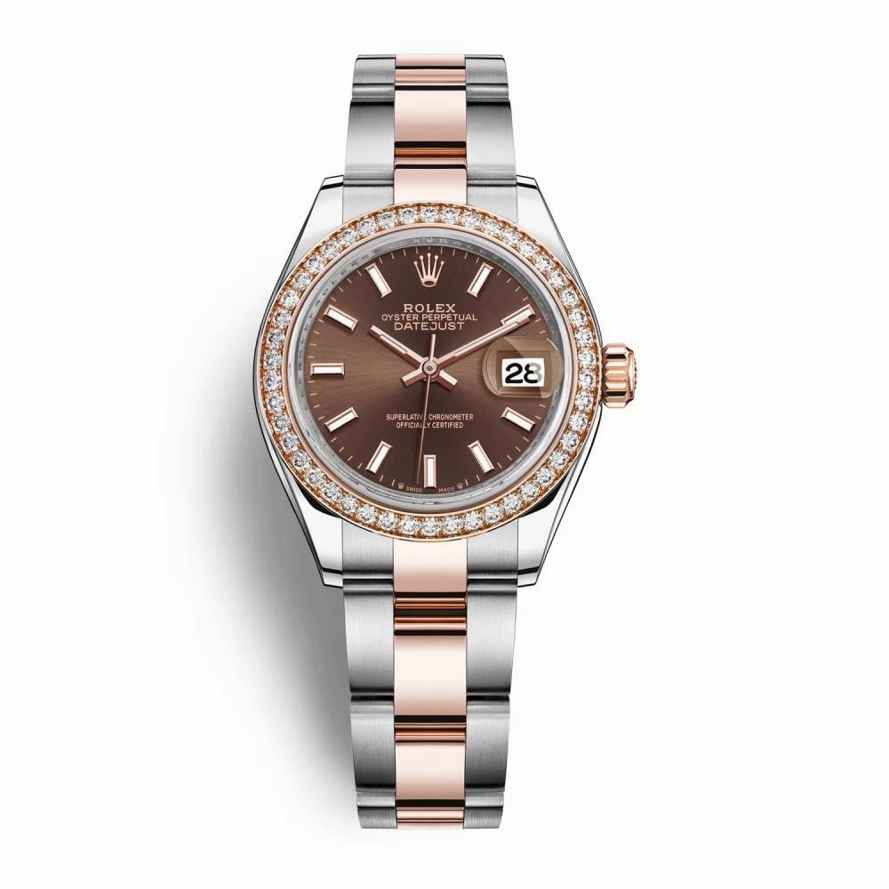 Rolex Lady-Datejust 28mm - Ref: 279381rbr-0018 - Chocolate Stick Dial & Diamond Bezel, Two Tone Stainless Steel & 18K Rose Gold Oyster Bracelet Women's Watch