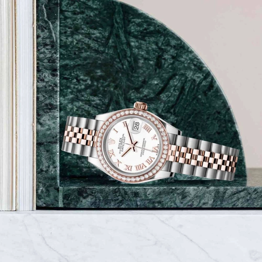 Rolex Lady-Datejust 28mm - Ref: 279381rbr-0021 - White Roman Dial & Diamond Bezel, Two Tone Stainless Steel & 18K Rose Gold Jubilee Bracelet Women's Watch