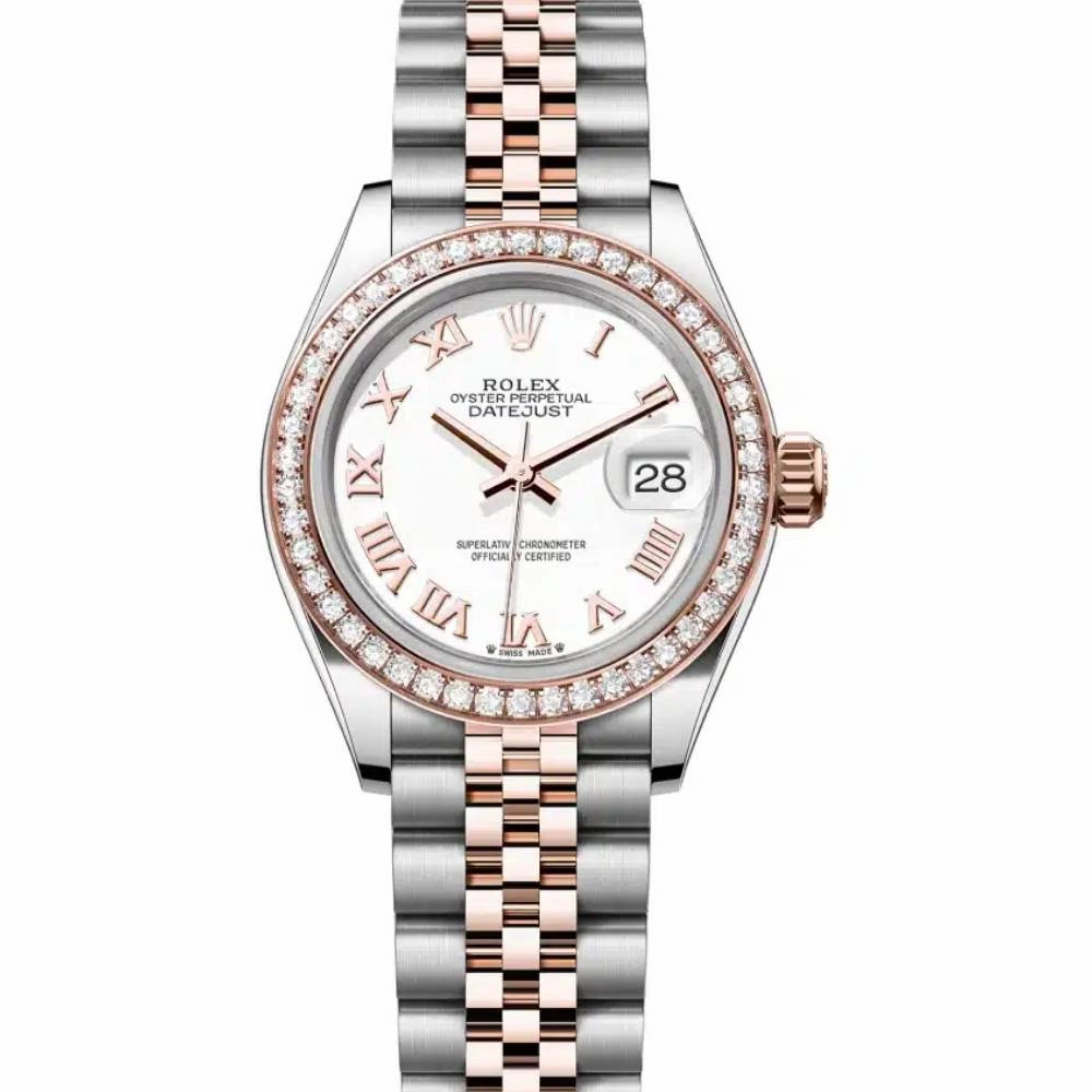 Rolex Lady-Datejust 28mm - Ref: 279381rbr-0021 - White Roman Dial & Diamond Bezel, Two Tone Stainless Steel & 18K Rose Gold Jubilee Bracelet Women's Watch