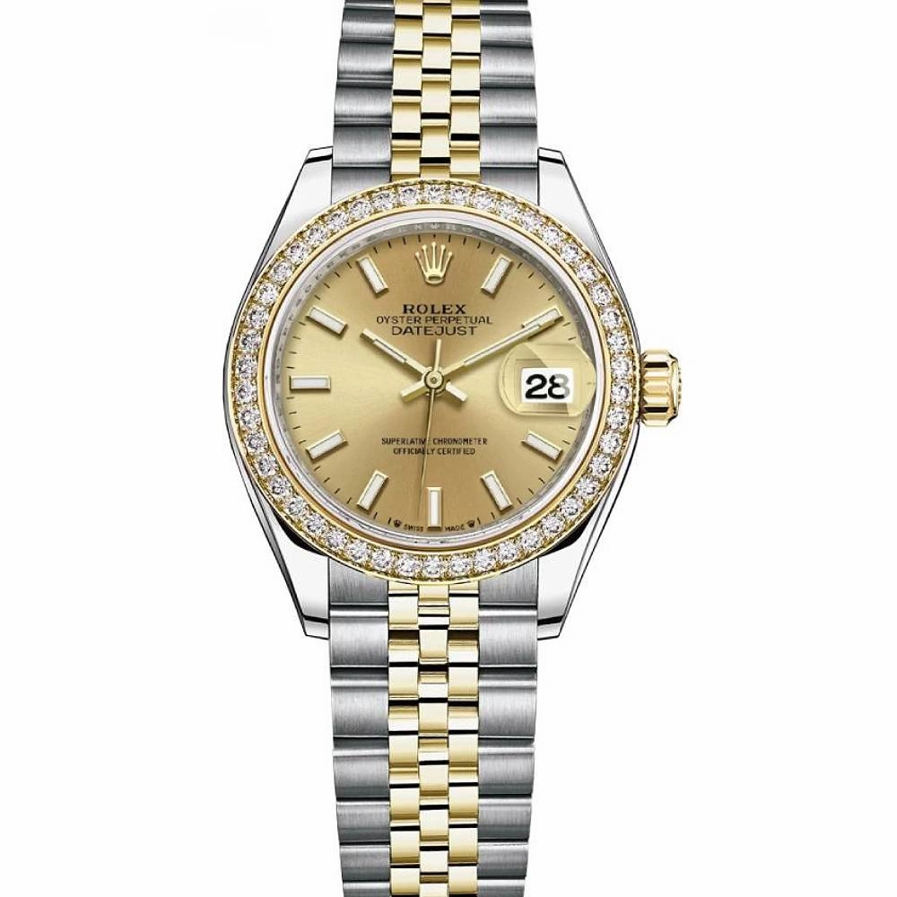 Rolex Lady-Datejust 28mm - Ref: 279383rbr-0001 - Champagne Stick Dial & Diamond Bezel, Two Tone Stainless Steel & 18K Yellow Gold Jubilee Bracelet Women's Watch