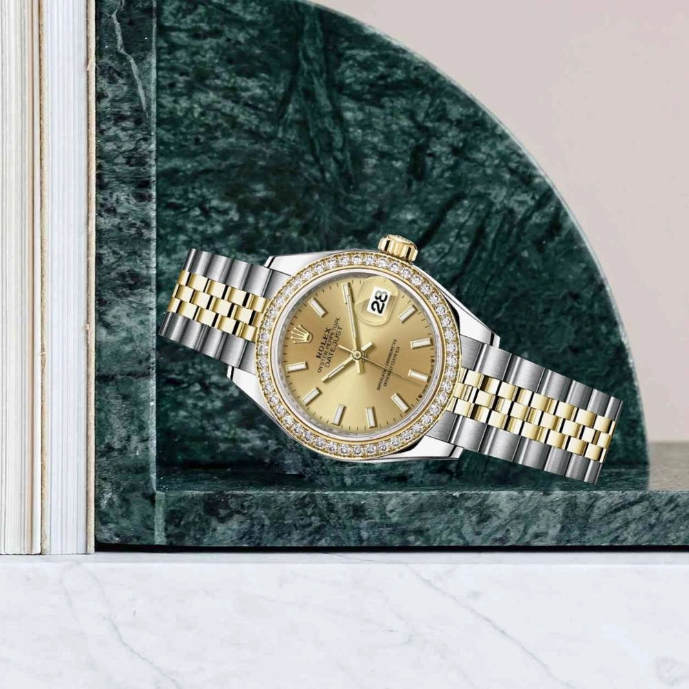 Rolex Lady-Datejust 28mm - Ref: 279383rbr-0001 - Champagne Stick Dial & Diamond Bezel, Two Tone Stainless Steel & 18K Yellow Gold Jubilee Bracelet Women's Watch