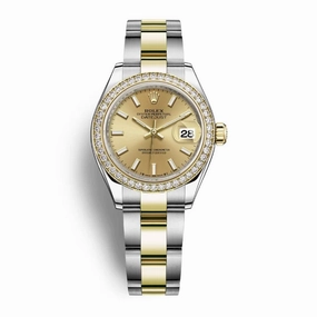 Rolex Lady-Datejust 28mm - Ref: 279383rbr-0002 - Champagne Stick Dial & Diamond Bezel, Two Tone Stainless Steel & 18K Yellow Gold Oyster Bracelet Women's Watch