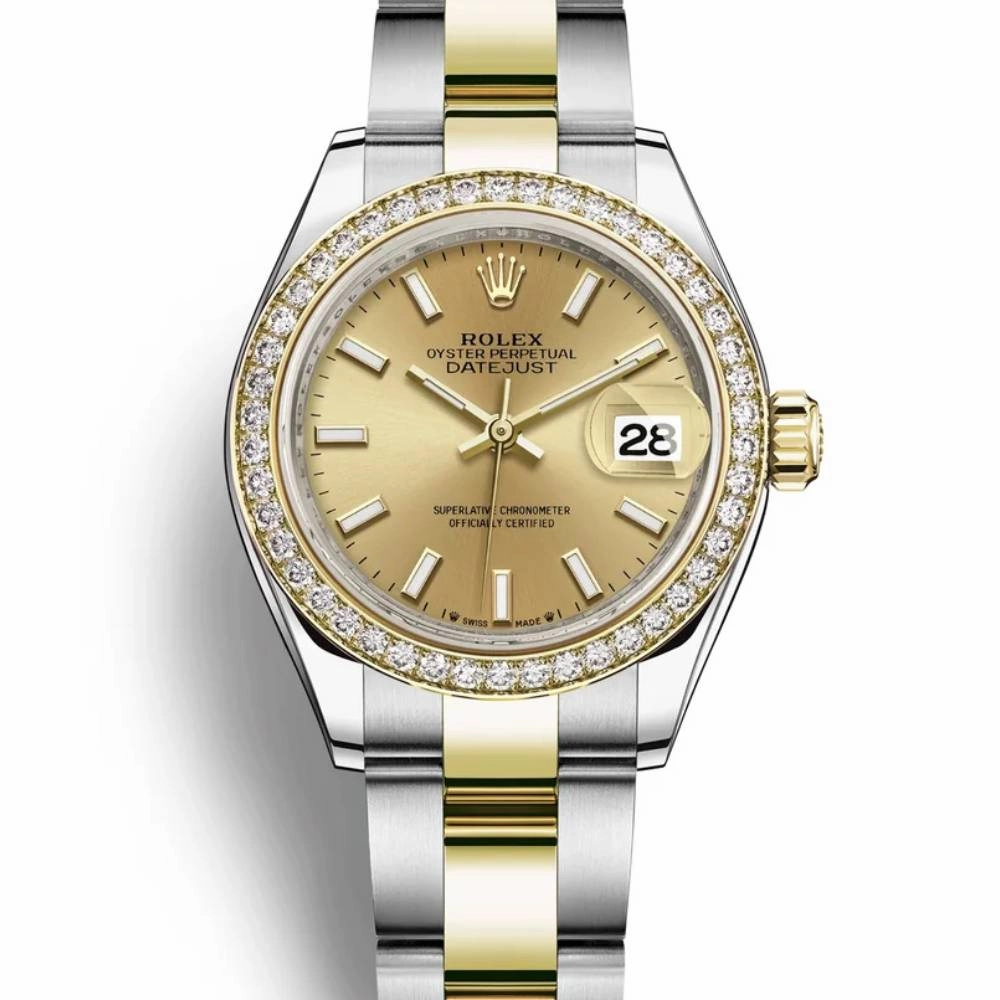 Rolex Lady-Datejust 28mm - Ref: 279383rbr-0002 - Champagne Stick Dial & Diamond Bezel, Two Tone Stainless Steel & 18K Yellow Gold Oyster Bracelet Women's Watch