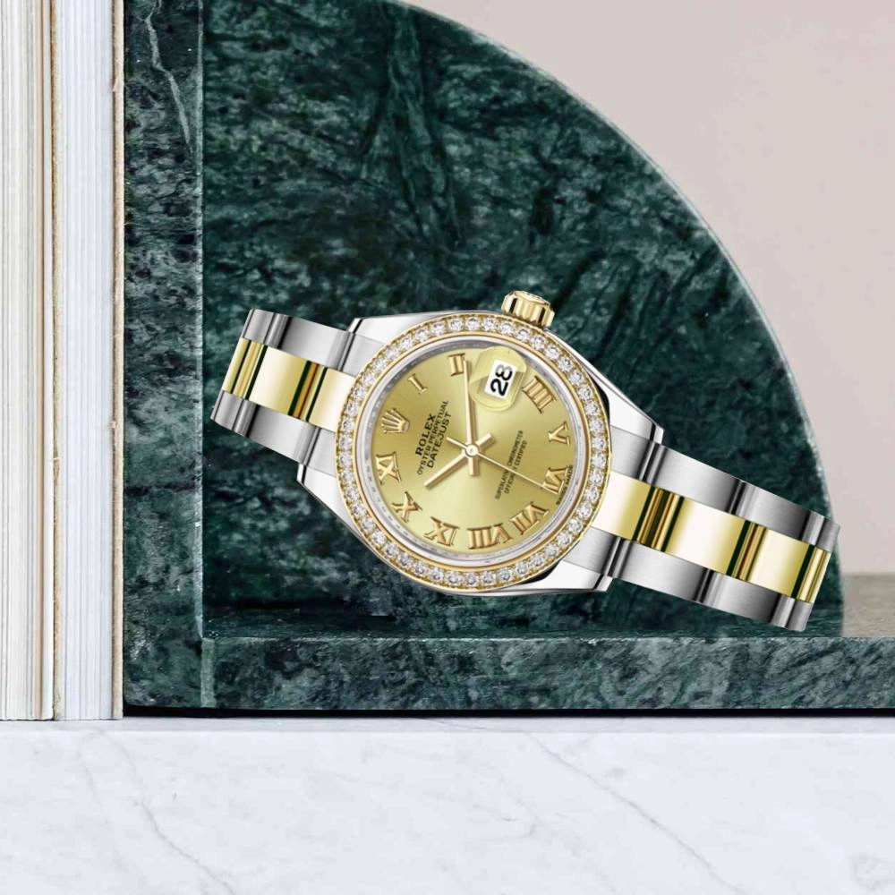 Rolex Lady-Datejust 28mm - Ref: 279383rbr-0010 - Champagne Roman Dial & Diamond Bezel, Two Tone Stainless Steel & 18K Yellow Gold Oyster Bracelet Women's Watch