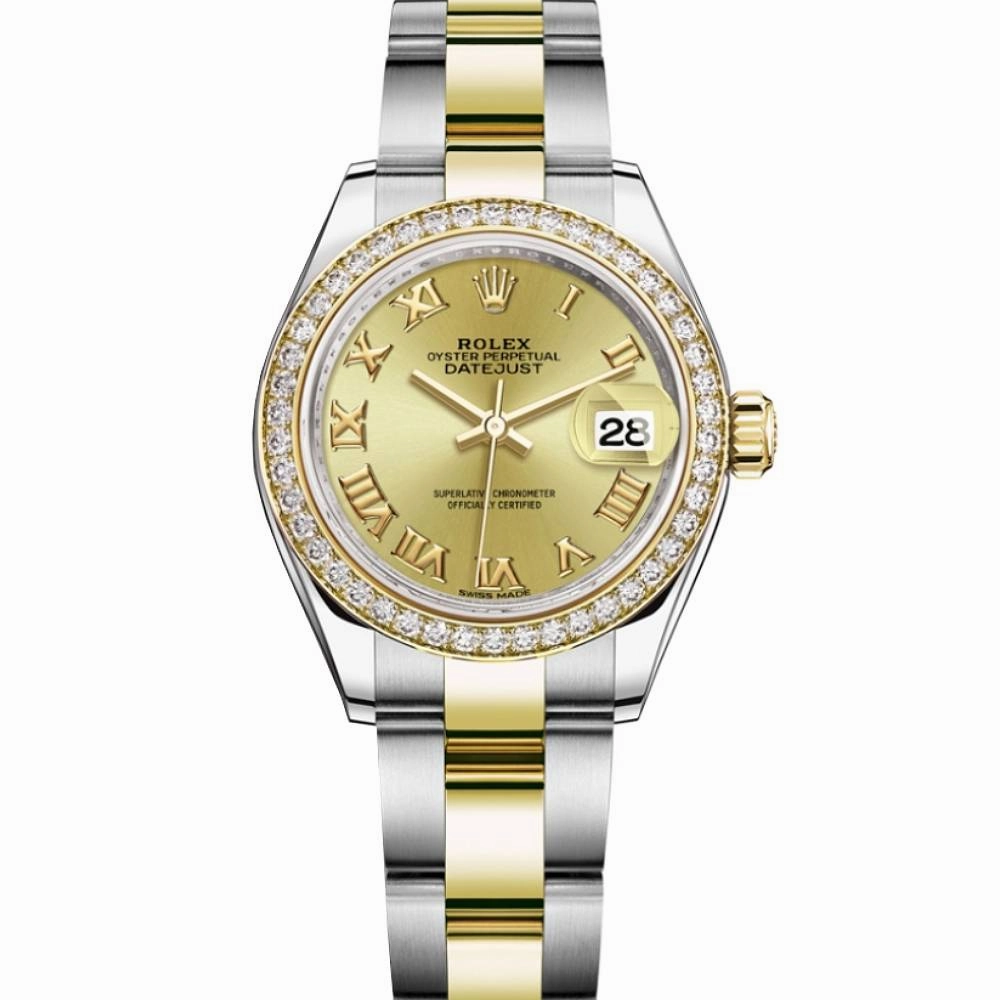 Rolex Lady-Datejust 28mm - Ref: 279383rbr-0010 - Champagne Roman Dial & Diamond Bezel, Two Tone Stainless Steel & 18K Yellow Gold Oyster Bracelet Women's Watch