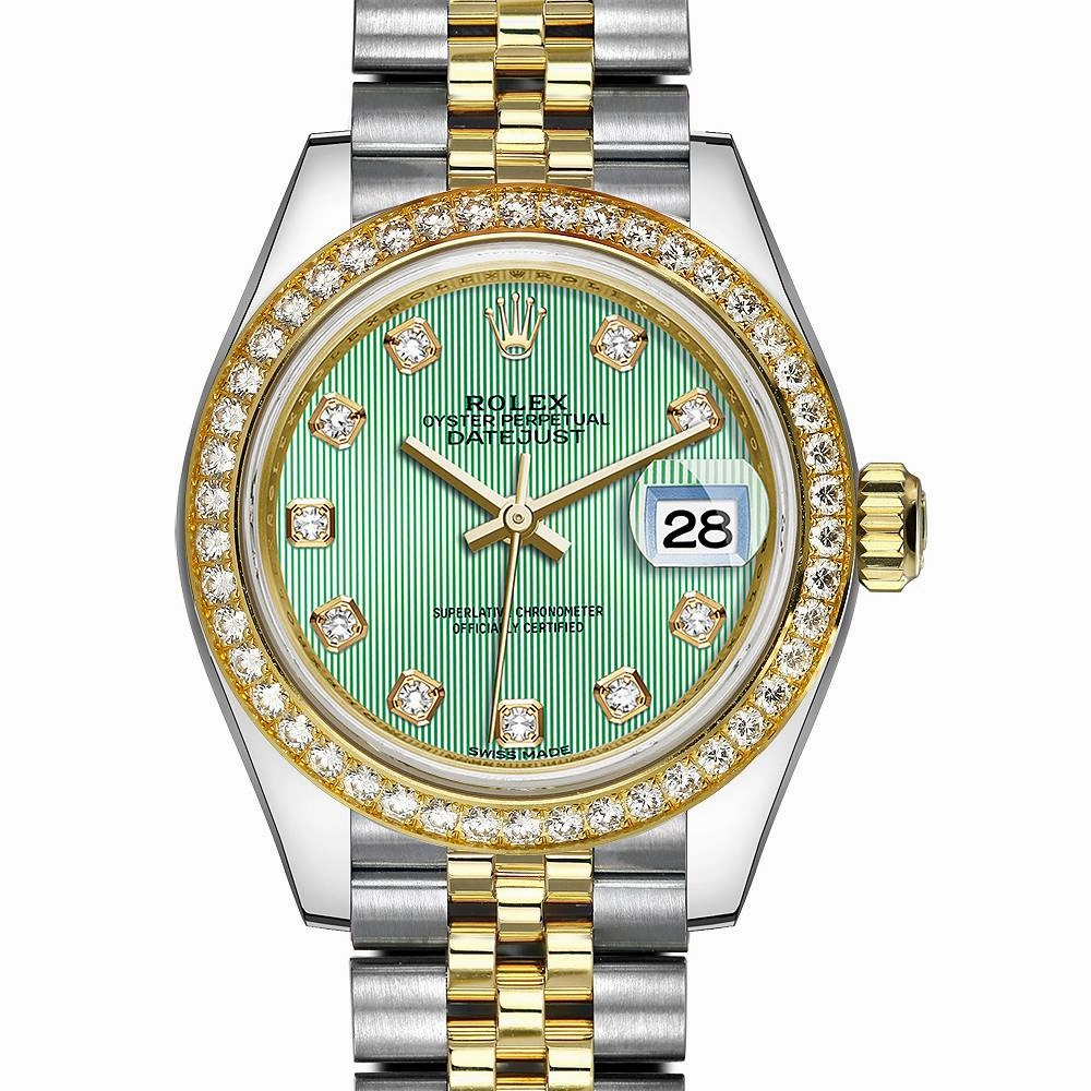 Rolex Lady-Datejust 28mm - Ref: 279383rbr-0013 - Mint Green Diamond Dial & Diamond Bezel, Two Tone Stainless Steel & 18K Yellow Gold Jubilee Bracelet Women's Watch