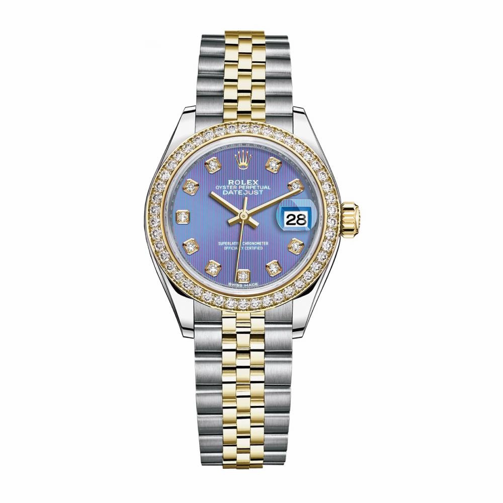 Rolex Lady-Datejust 28mm - Ref: 279383rbr-0015 - Lavender Purple Diamond Dial & Diamond Bezel, Two Tone Stainless Steel & 18K Yellow Gold Jubilee Bracelet Women's Watch