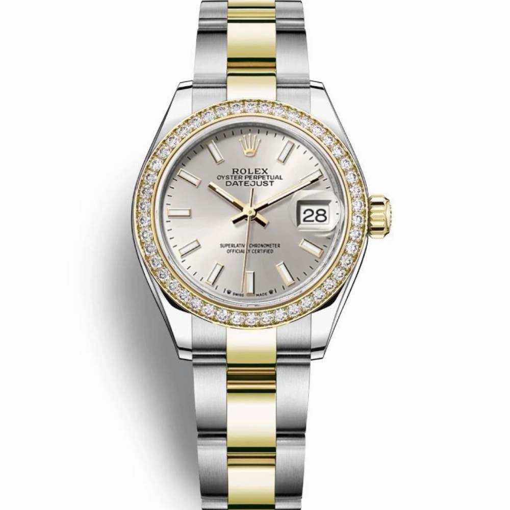 Rolex Lady-Datejust 28mm - Ref: 279383rbr-0018 - Silver Stick Dial & Diamond Bezel, Two Tone Stainless Steel & 18K Yellow Gold Oyster Bracelet Women's Watch