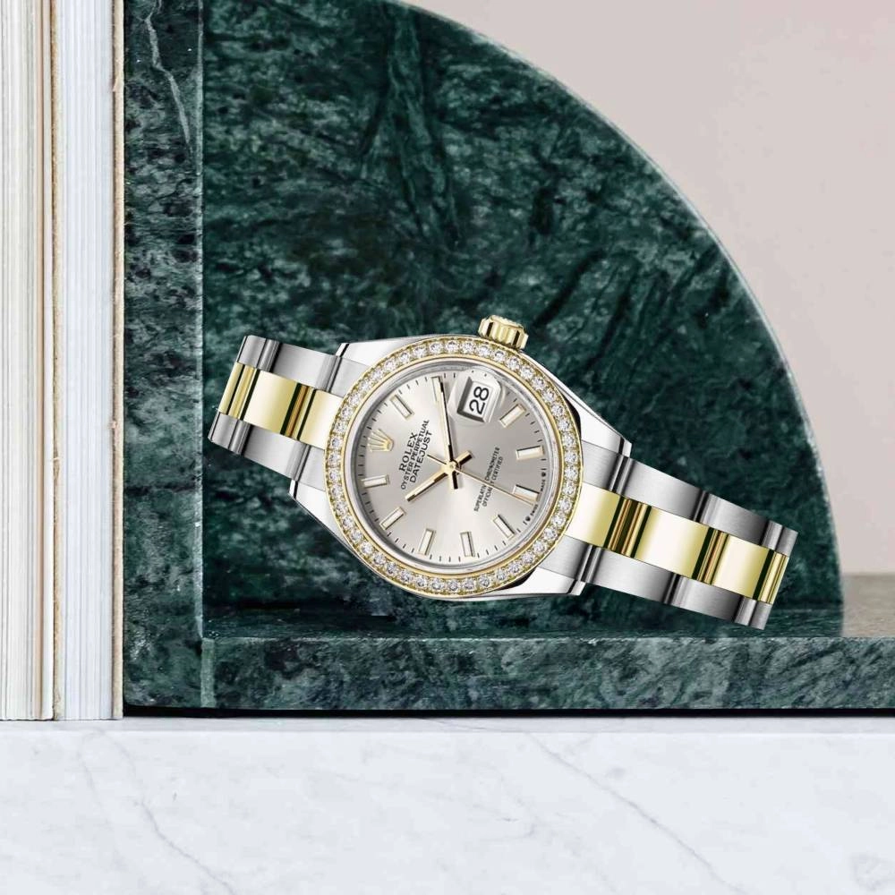Rolex Lady-Datejust 28mm - Ref: 279383rbr-0018 - Silver Stick Dial & Diamond Bezel, Two Tone Stainless Steel & 18K Yellow Gold Oyster Bracelet Women's Watch