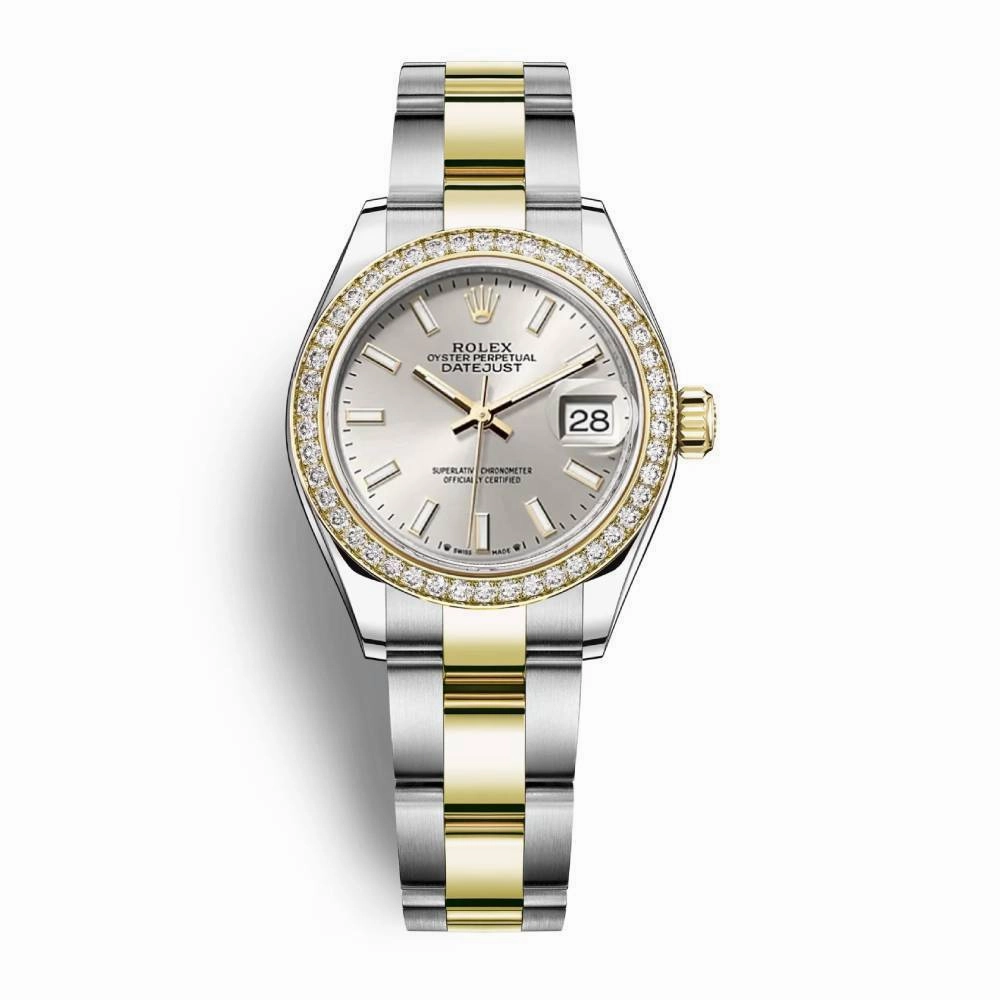 Rolex Lady-Datejust 28mm - Ref: 279383rbr-0018 - Silver Stick Dial & Diamond Bezel, Two Tone Stainless Steel & 18K Yellow Gold Oyster Bracelet Women's Watch