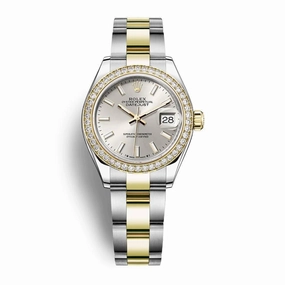 Rolex Lady-Datejust 28mm - Ref: 279383rbr-0018 - Silver Stick Dial & Diamond Bezel, Two Tone Stainless Steel & 18K Yellow Gold Oyster Bracelet Women's Watch
