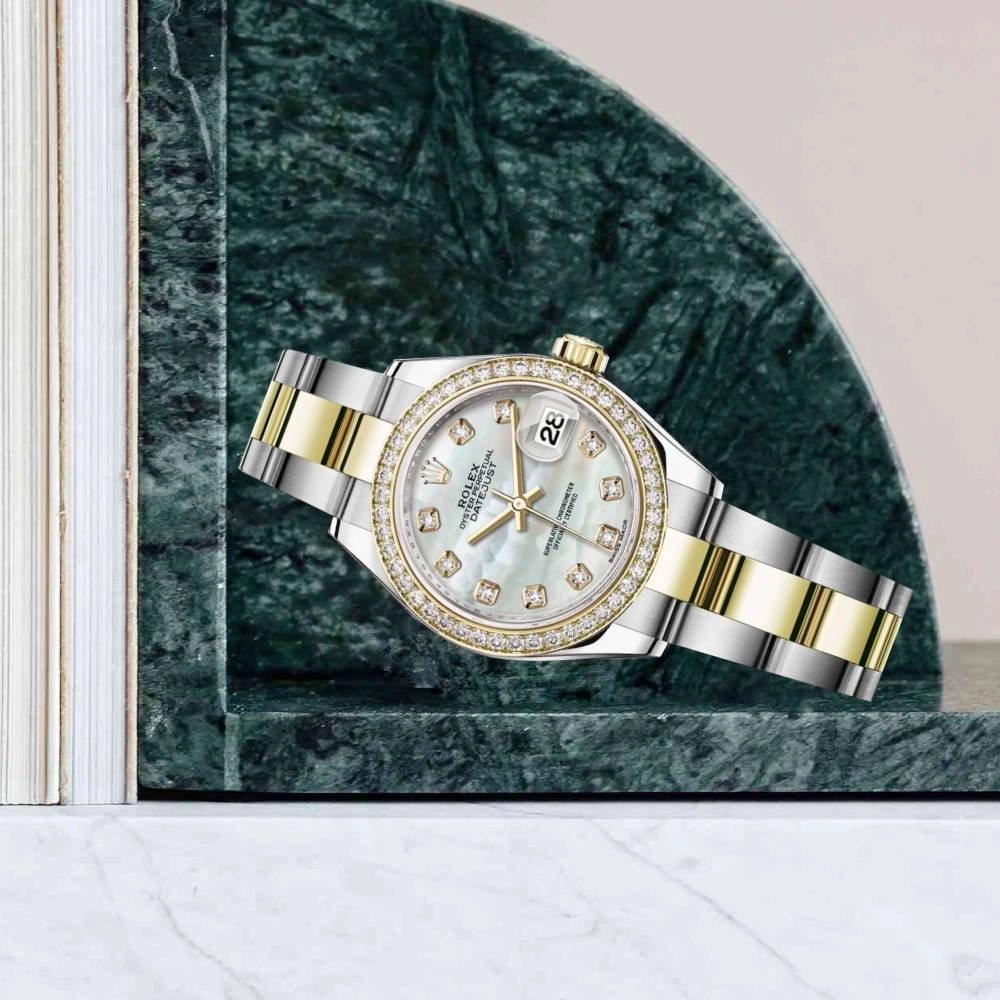 Rolex Lady-Datejust 28mm - Ref: 279383rbr-0020 - White Mother of Pearl Diamond Dial & Diamond Bezel, Two Tone Stainless Steel & 18K Yellow Gold Oyster Bracelet Women's Watch