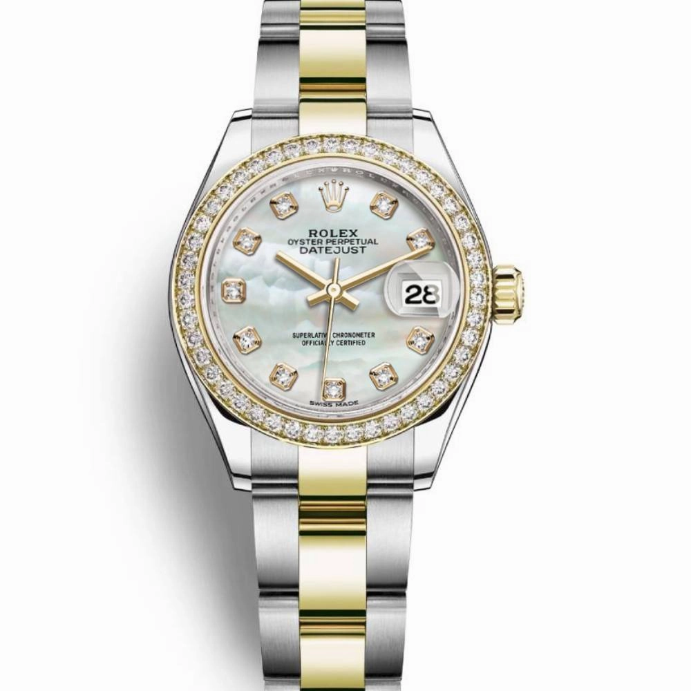 Rolex Lady-Datejust 28mm - Ref: 279383rbr-0020 - White Mother of Pearl Diamond Dial & Diamond Bezel, Two Tone Stainless Steel & 18K Yellow Gold Oyster Bracelet Women's Watch