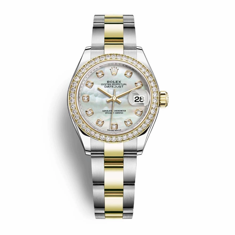 Rolex Lady-Datejust 28mm - Ref: 279383rbr-0020 - White Mother of Pearl Diamond Dial & Diamond Bezel, Two Tone Stainless Steel & 18K Yellow Gold Oyster Bracelet Women's Watch