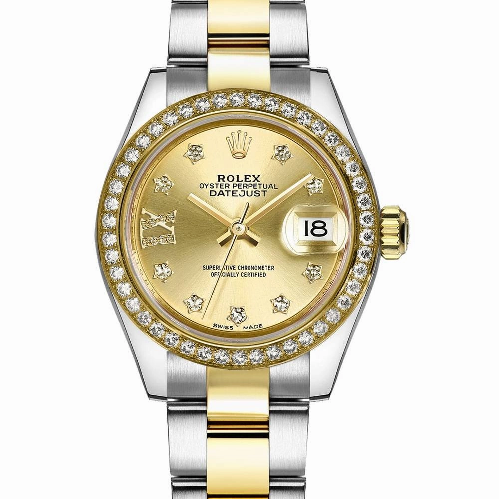 Rolex Lady-Datejust 28mm - Ref: 279383rbr-0022 - Champagne Diamond Dial & Diamond Bezel, Two Tone Stainless Steel & 18K Yellow Gold Oyster Bracelet Women's Watch