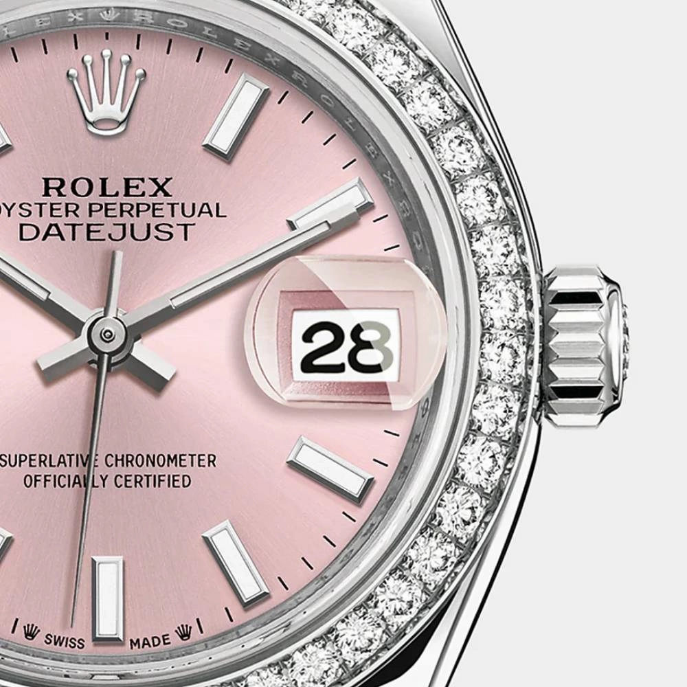 Rolex Lady-Datejust 28mm - Ref: 279384rbr-0001 - Pink Stick Dial & Diamond Bezel, Stainless Steel Jubilee Bracelet Women's Watch