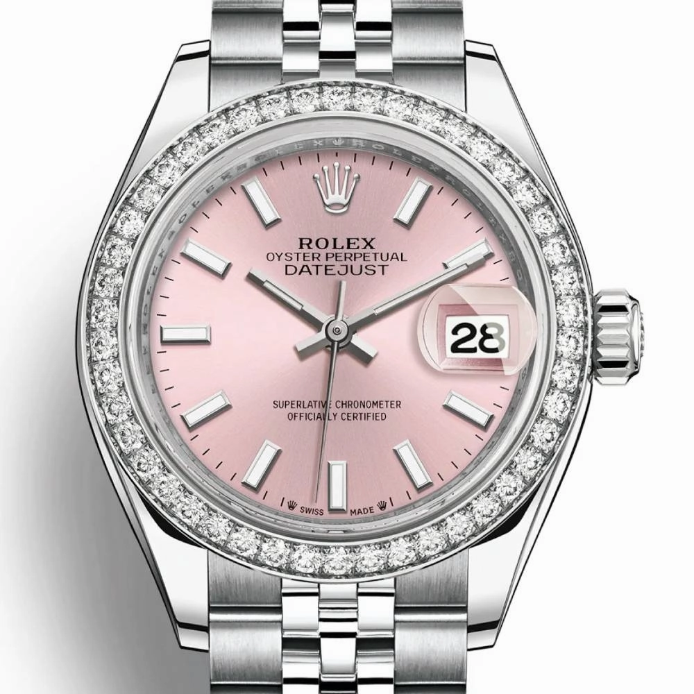 Rolex Lady-Datejust 28mm - Ref: 279384rbr-0001 - Pink Stick Dial & Diamond Bezel, Stainless Steel Jubilee Bracelet Women's Watch