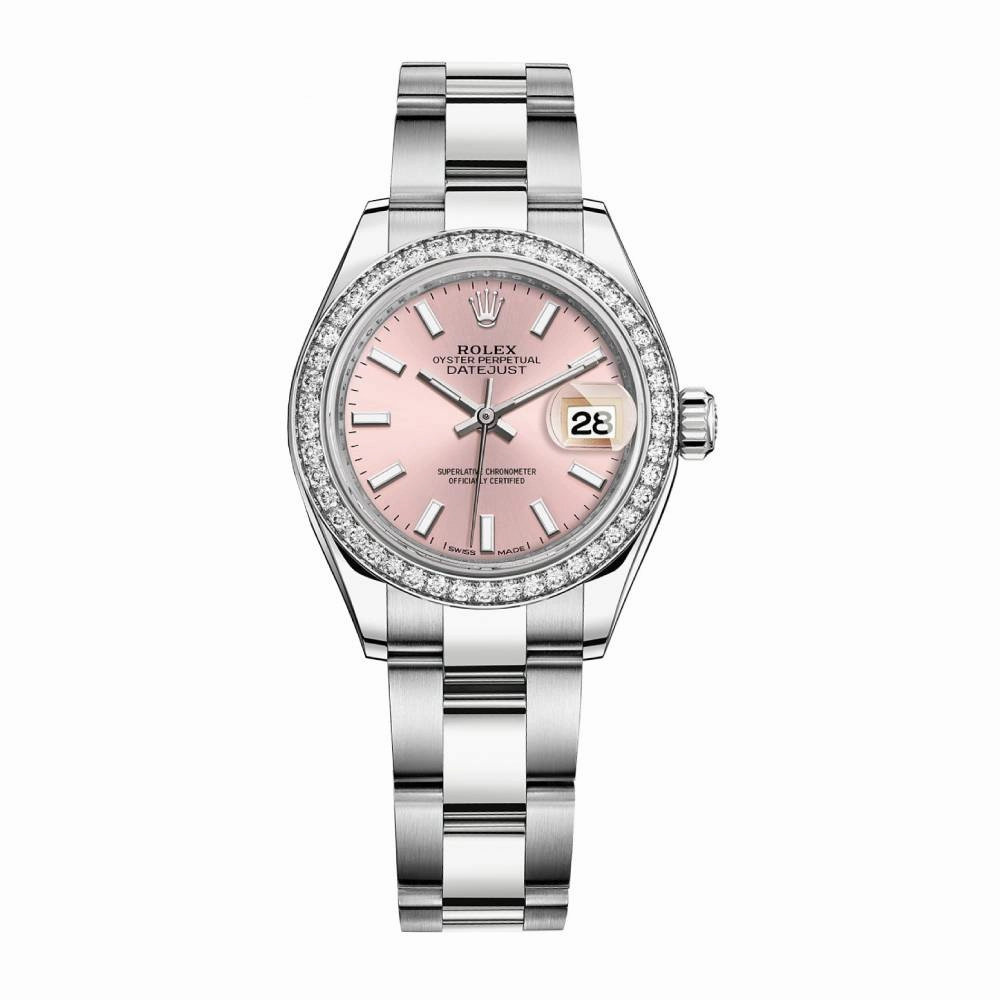 Rolex Lady-Datejust 28mm - Ref: 279384rbr-0002 - Pink Stick Dial & Diamond Bezel, Stainless Steel Oyster Bracelet Women's Watch