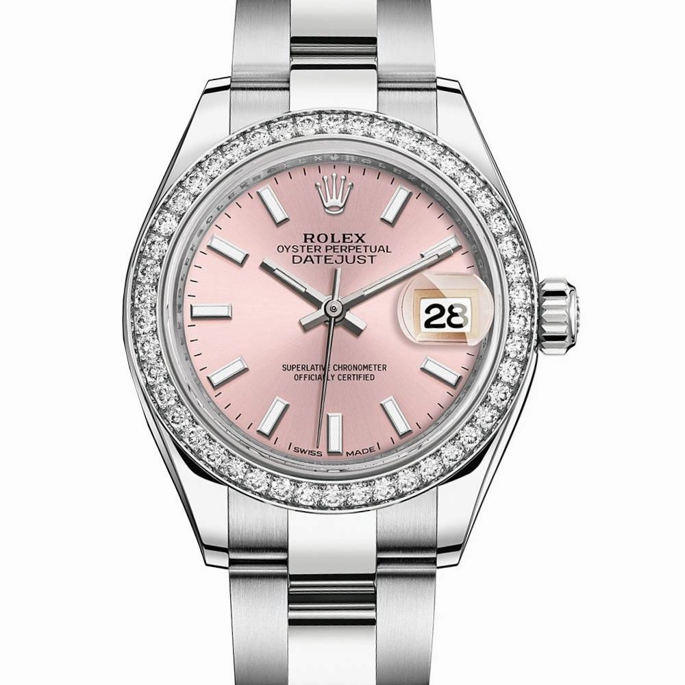 Rolex Lady-Datejust 28mm - Ref: 279384rbr-0002 - Pink Stick Dial & Diamond Bezel, Stainless Steel Oyster Bracelet Women's Watch