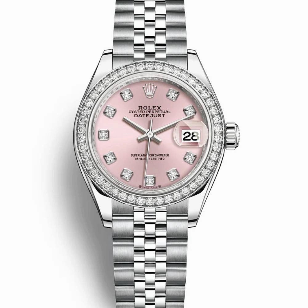 Rolex Lady-Datejust 28mm - Ref: 279384rbr-0003 - Pink Diamond Dial & Diamond Bezel, Stainless Steel Jubilee Bracelet Women's Watch