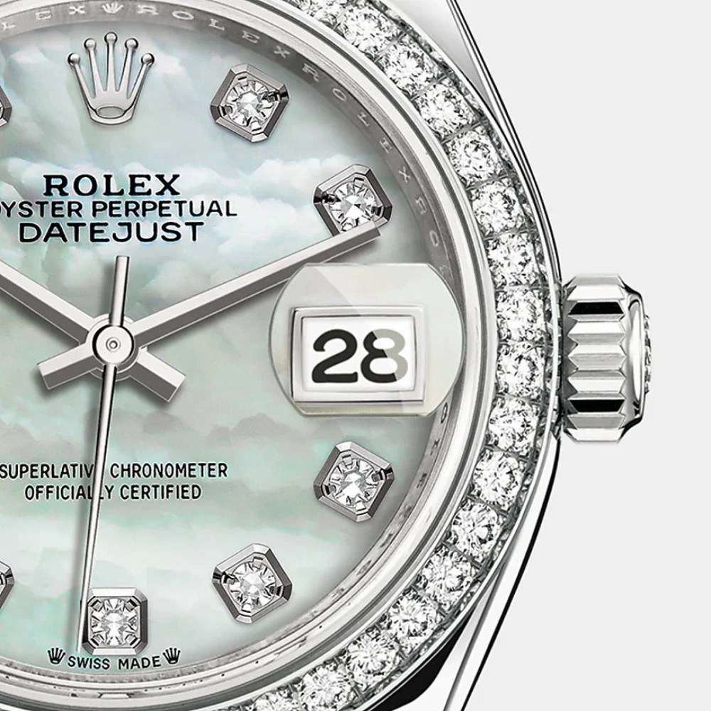 Rolex Lady-Datejust 28mm - Ref: 279384rbr-0012 - White Mother of Pearl Diamond Dial & Diamond Bezel, Stainless Steel Oyster Bracelet Women's Watch