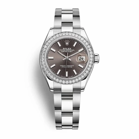 Rolex Lady-Datejust 28mm - Ref: 279384rbr-0014 - Dark Grey Stick Dial & Diamond Bezel, Stainless Steel Oyster Bracelet Women's Watch
