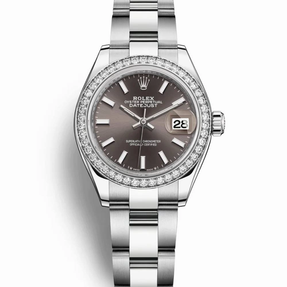 Rolex Lady-Datejust 28mm - Ref: 279384rbr-0014 - Dark Grey Stick Dial & Diamond Bezel, Stainless Steel Oyster Bracelet Women's Watch