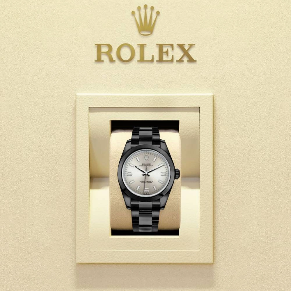 Rolex Oyster Perpetual 34mm - Ref: 114200-0019-pvd - Silver Stick Dial, Black PVD Stainless Steel Oyster Bracelet Watch