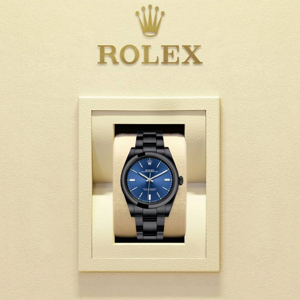 Rolex Oyster Perpetual 39mm - Ref: 114300-0003-pvd-2 - Blue Stick Dial, Black PVD Stainless Steel Oyster Bracelet Watch