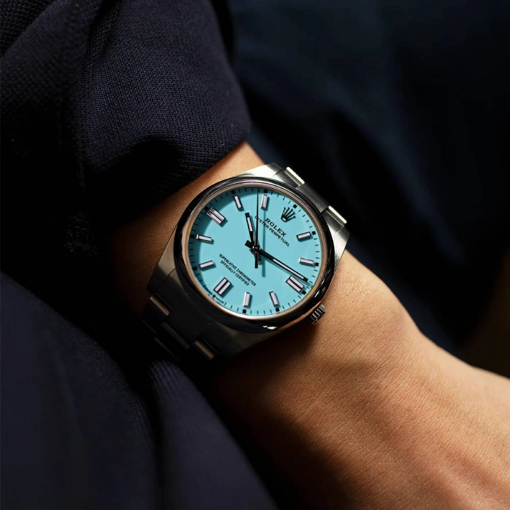 Rolex Oyster Perpetual "Tiffany" 41mm - Ref: 124300-0006 - Turquoise Tiffany Blue Stick Dial, Stainless Steel Oyster Bracelet Men's Watch