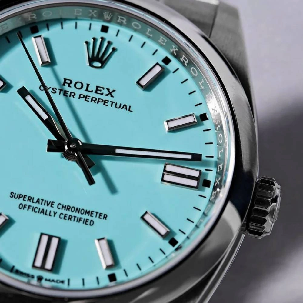 Rolex Oyster Perpetual "Tiffany" 41mm - Ref: 124300-0006 - Turquoise Tiffany Blue Stick Dial, Stainless Steel Oyster Bracelet Men's Watch