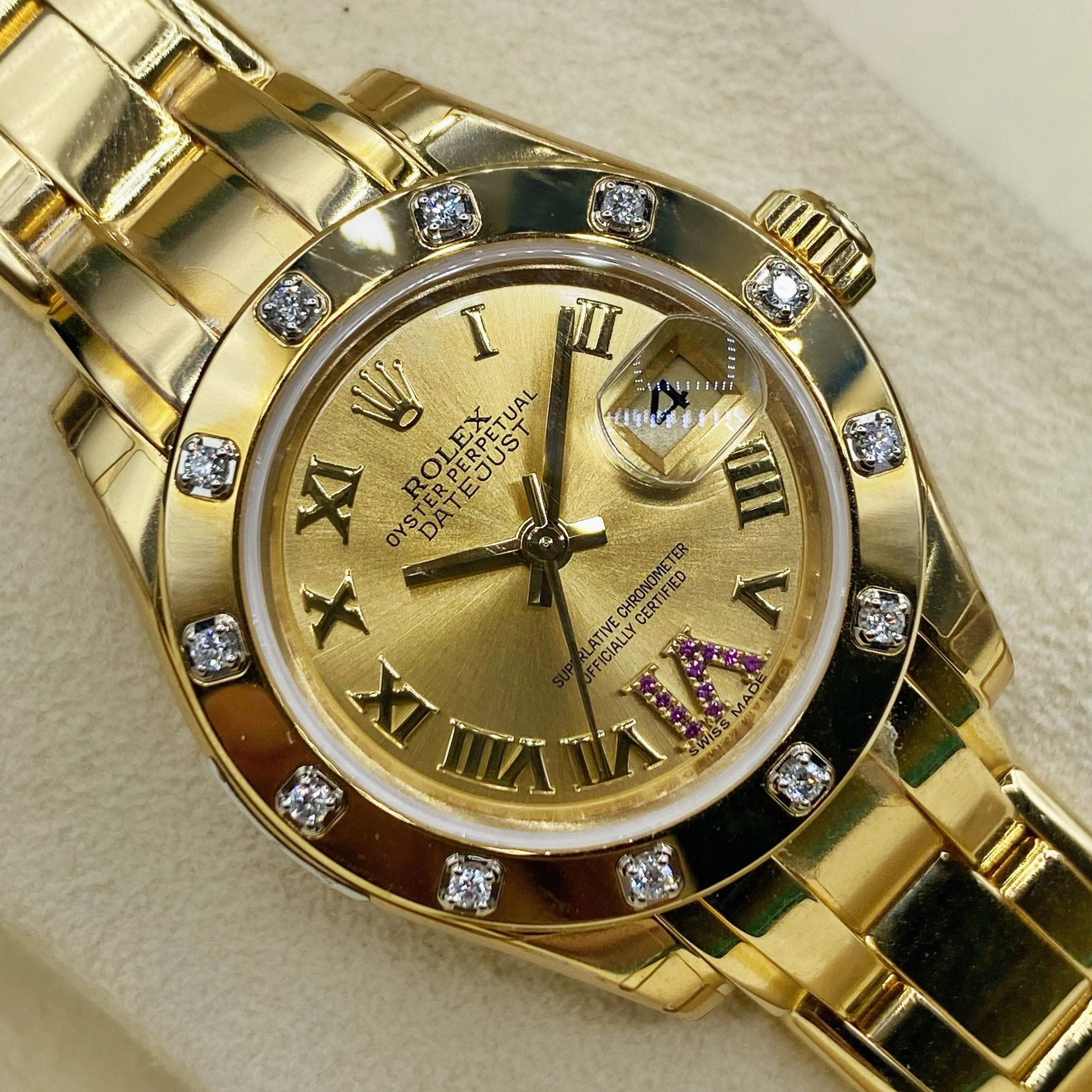 Rolex Pearlmaster 29mm - Ref: 80318-0163 - Champagne Roman Diamond Dial & Diamond Bezel, 18K Yellow Gold Bracelet Women's Watch
